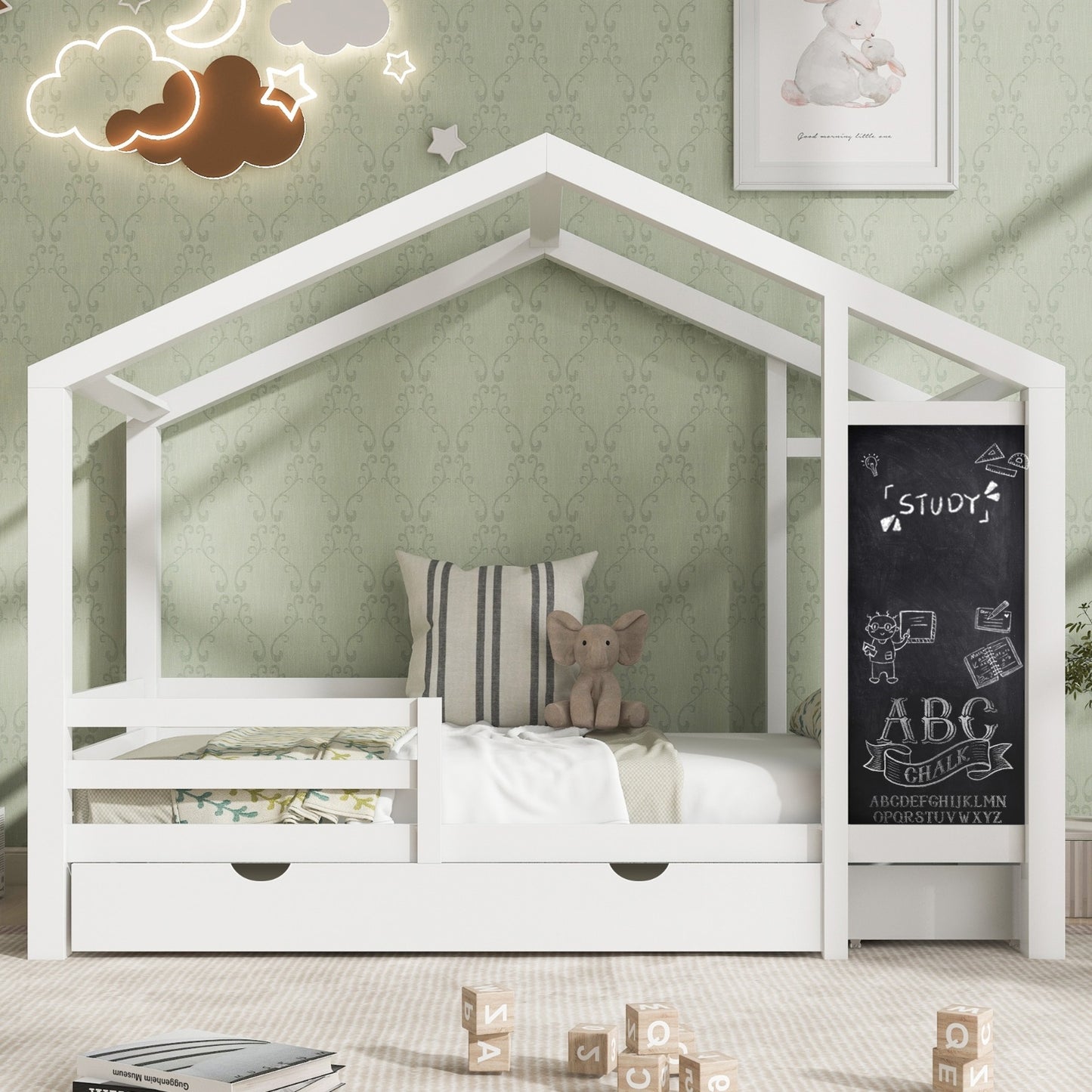 Twin House Bed With Blackboard And Drawers