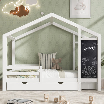 Twin House Bed With Blackboard And Drawers