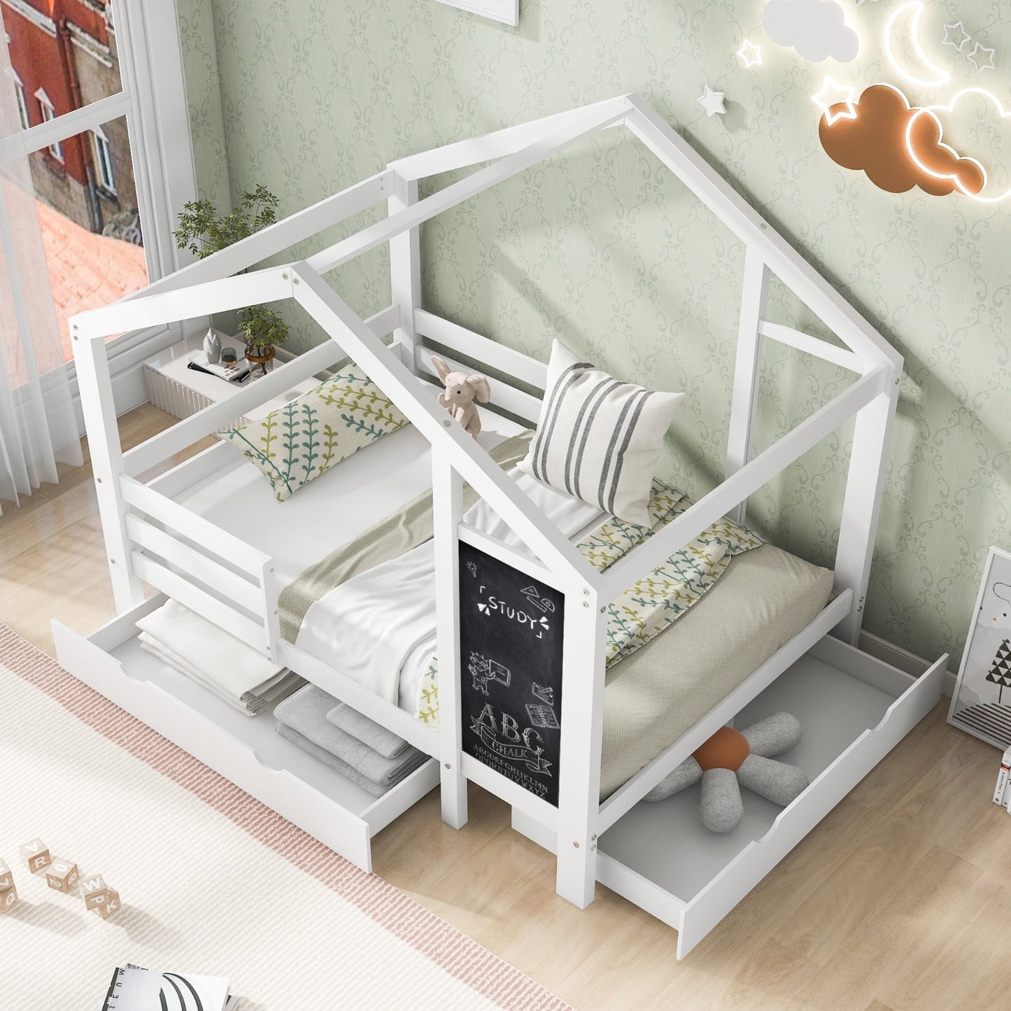 Twin House Bed With Blackboard And Drawers