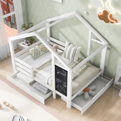 Twin House Bed With Blackboard And Drawers