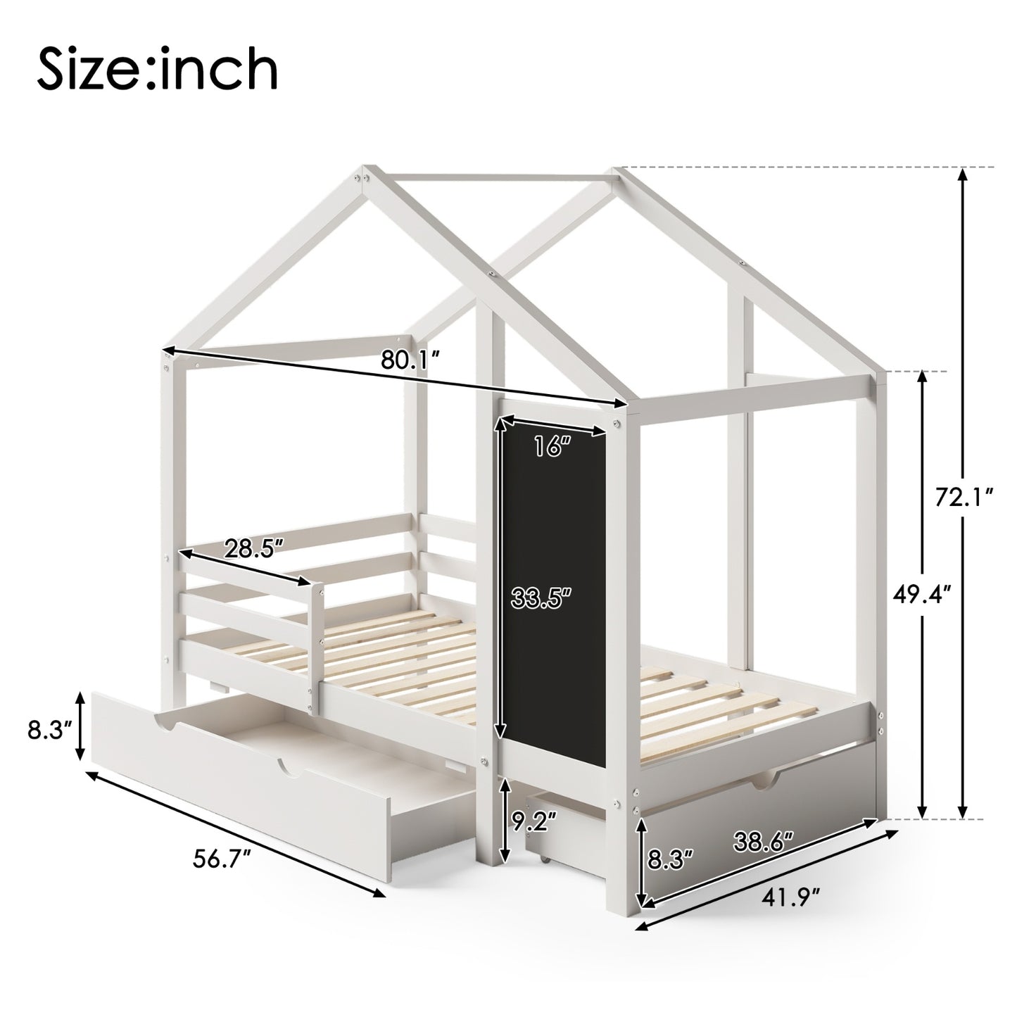Twin House Bed With Blackboard And Drawers