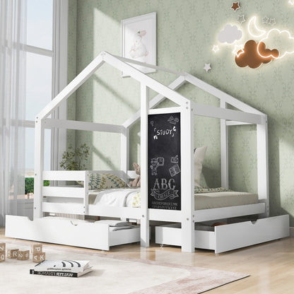 Twin House Bed With Blackboard And Drawers