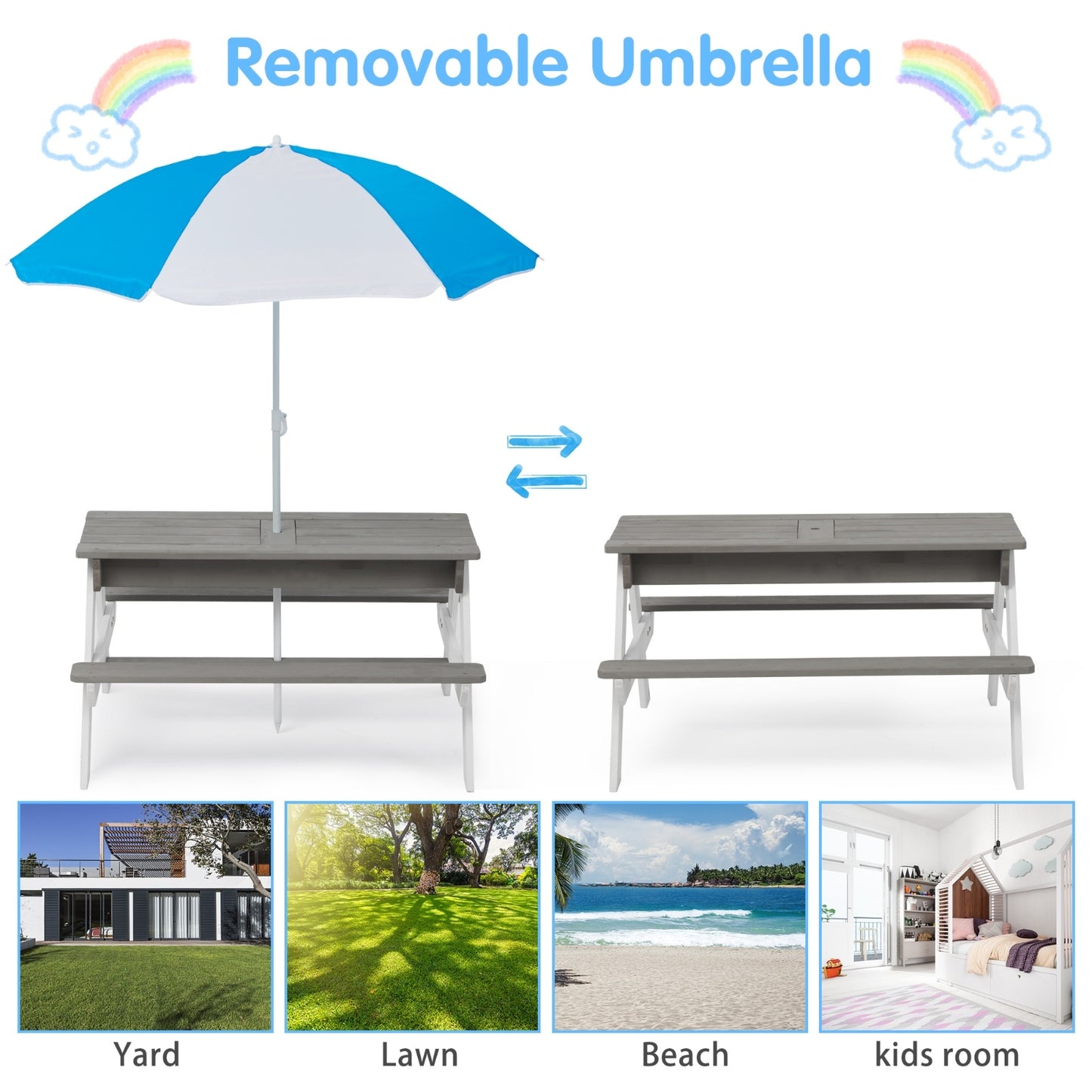 3-in-1 Kids Outdoor Wooden Picnic Table With Umbrella