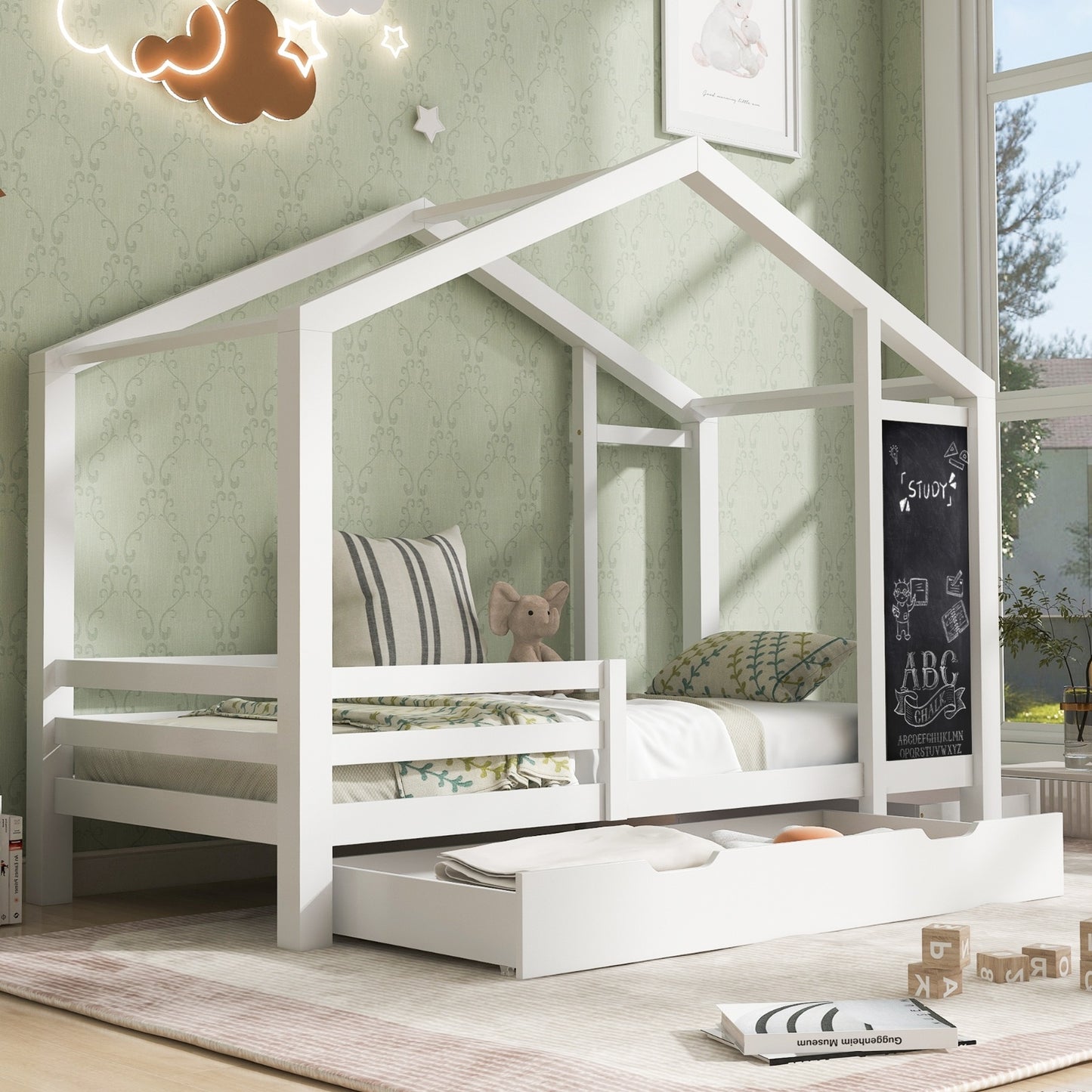 Twin House Bed With Blackboard And Drawers