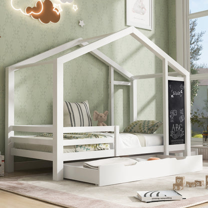 Twin House Bed With Blackboard And Drawers